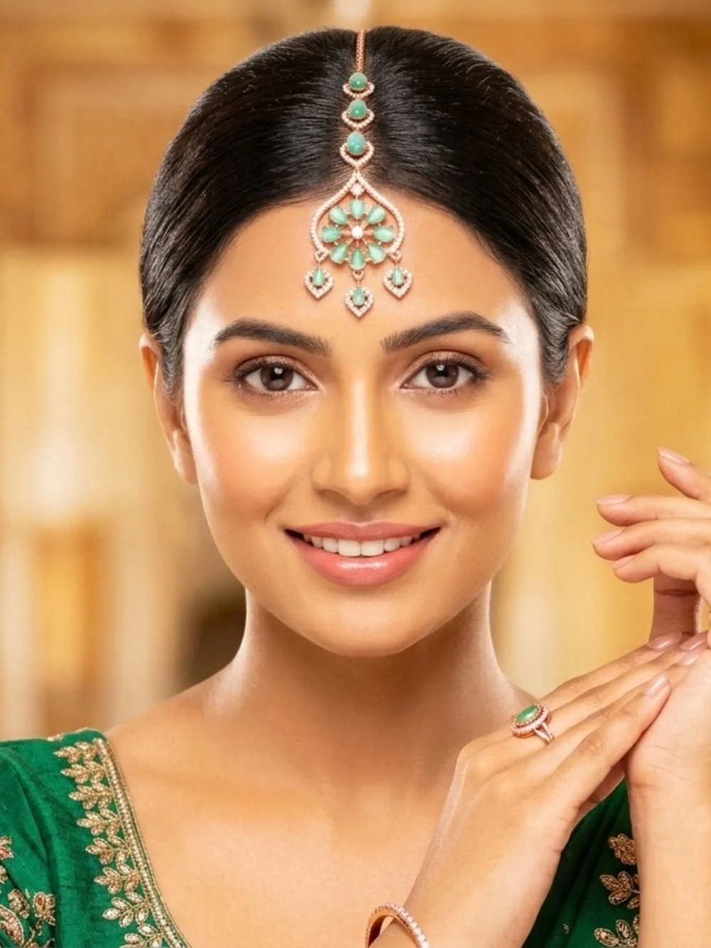 Green Floral Kundan Maang Tikka and Ring Set